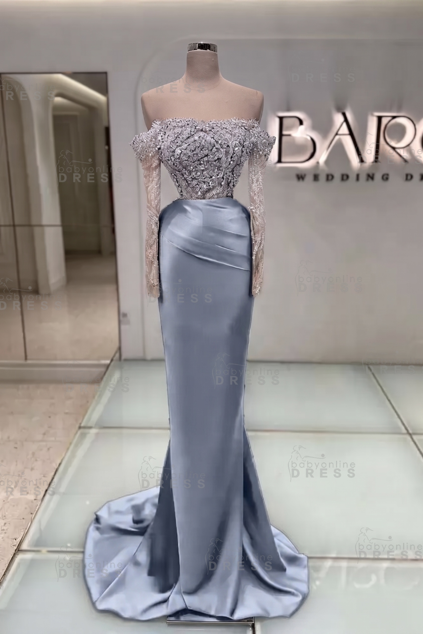 Off-the-Shoulder Ruffles Satin Mermaid Prom Dress Beadings with Sleeves