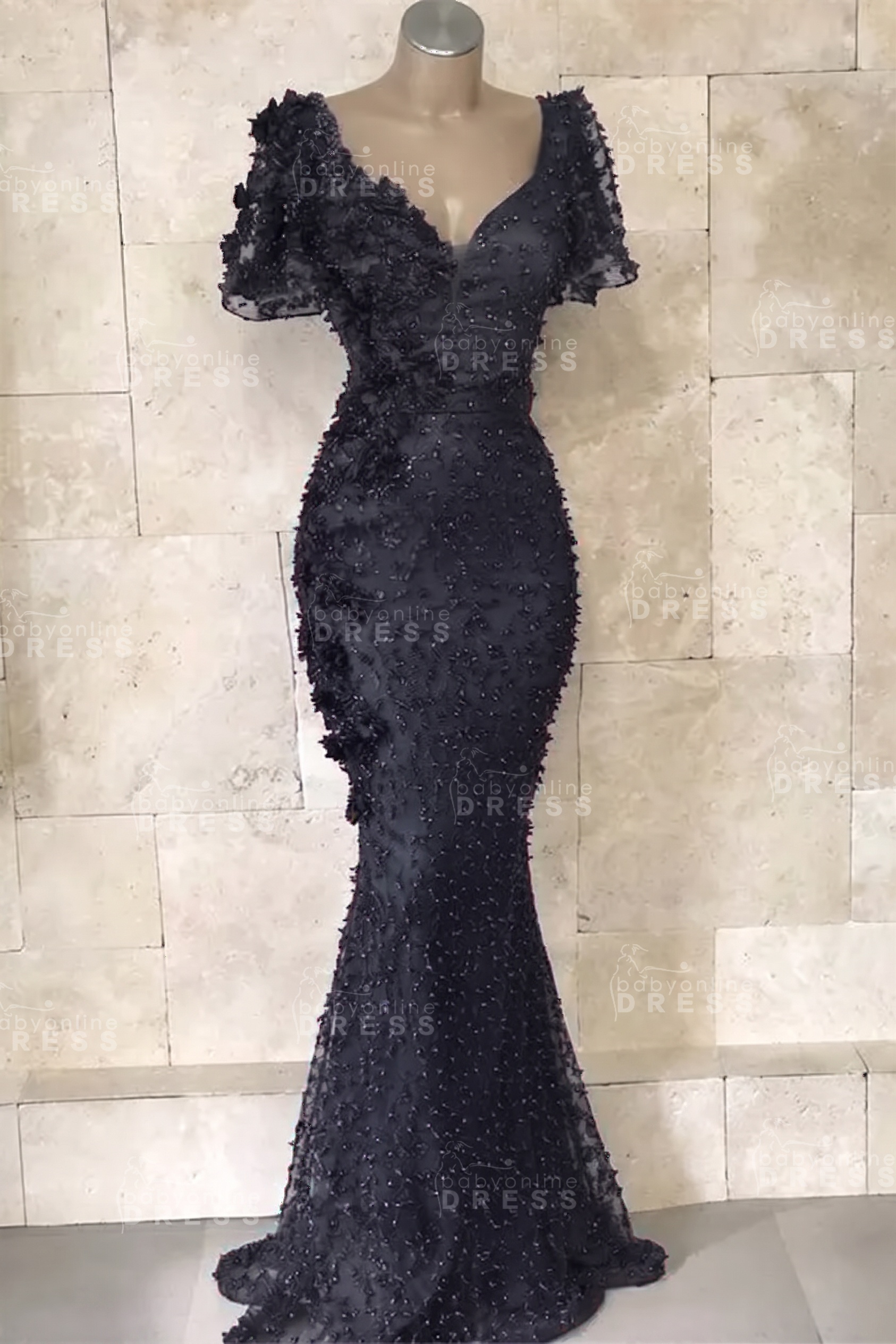 Glamorous V-Neck Short Sleeves Beading Flower Mermaid Floor-Length Prom Dresses