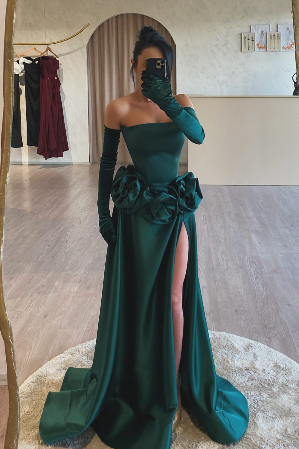 Strapless Flower Split Front Floor-length A-Line Prom Dresses