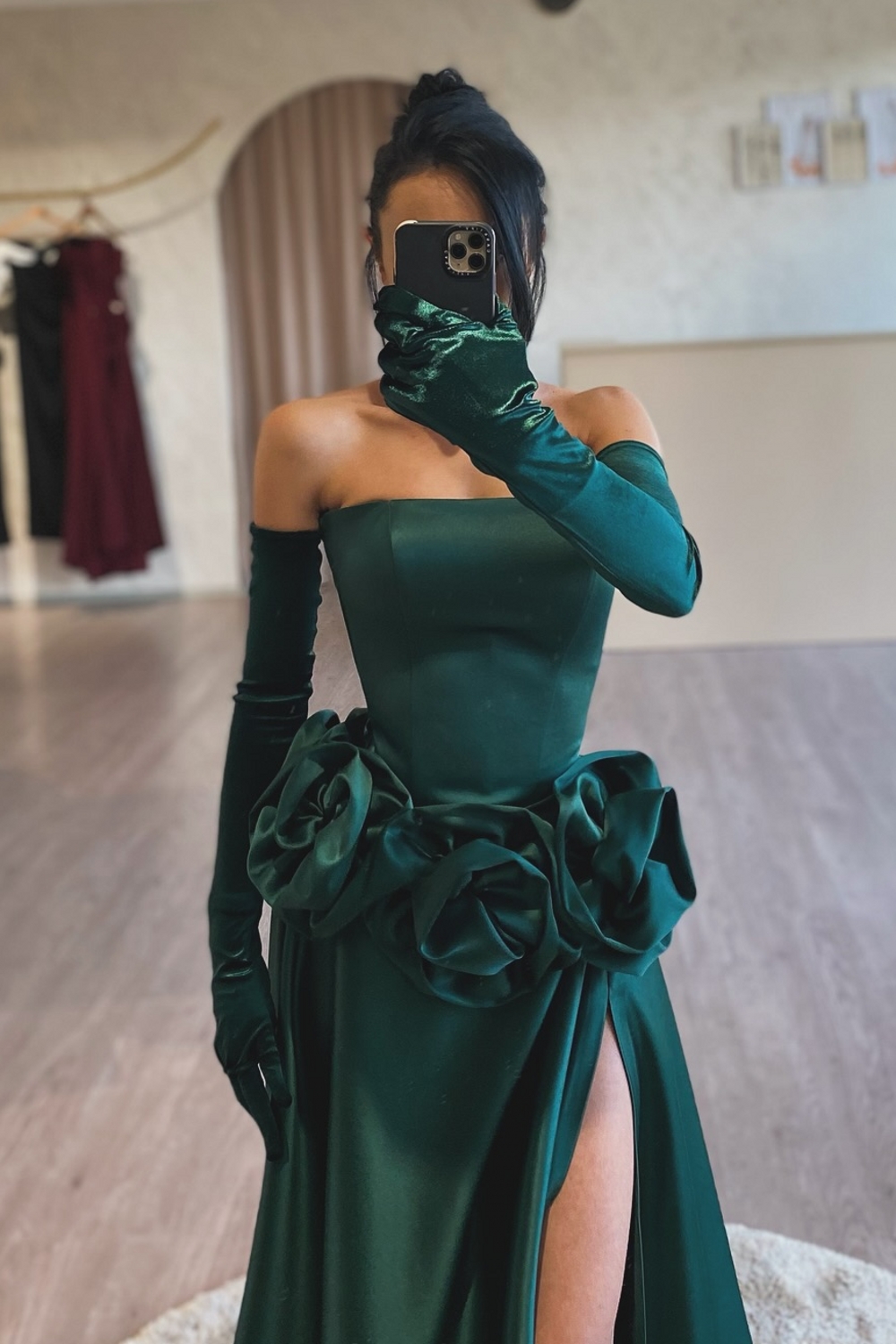 Strapless Flower Split Front Floor-length A-Line Prom Dresses