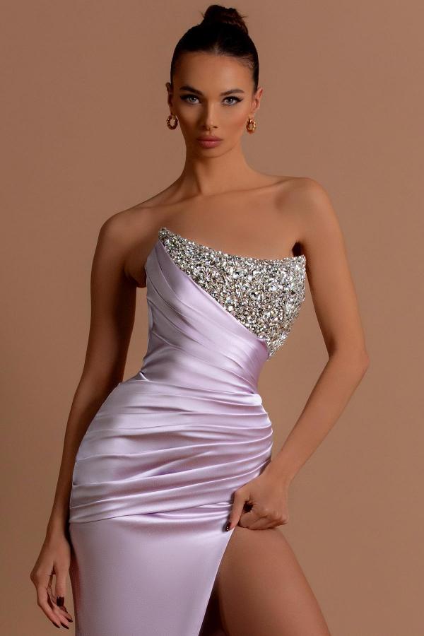 Strapless Lilac Column High Split Prom Dresses