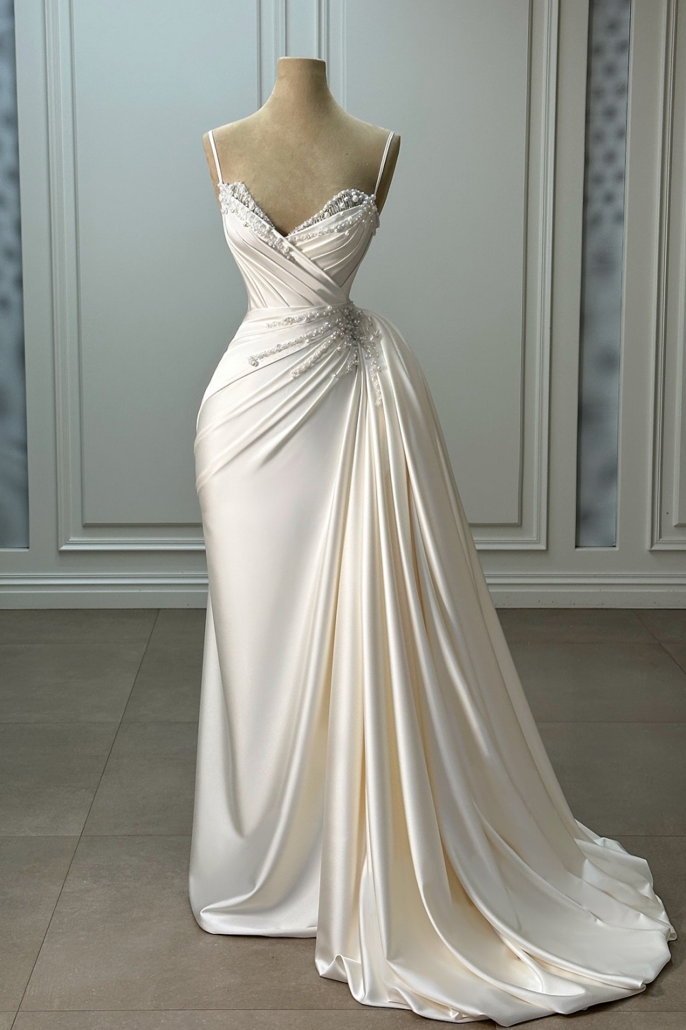 Strapless Spaghetti Straps Ruched Beading Mermaid Prom Dresses