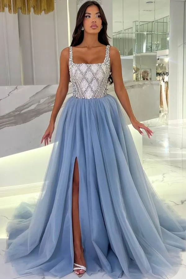 Straps Sivered Beaded Square neck Dusty Blue Prom Dresses