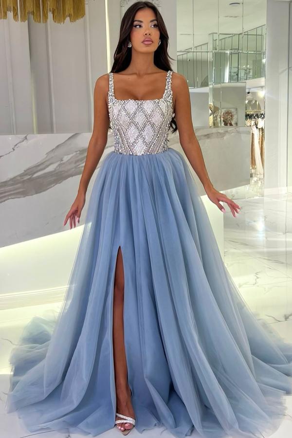 Straps Sivered Beaded Square neck Dusty Blue Prom Dresses