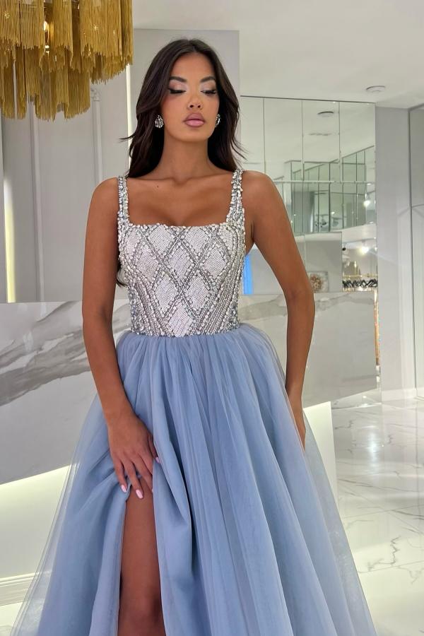 Straps Sivered Beaded Square neck Dusty Blue Prom Dresses