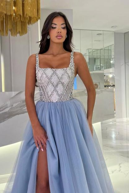 Straps Sivered Beaded Square neck Dusty Blue Prom Dresses