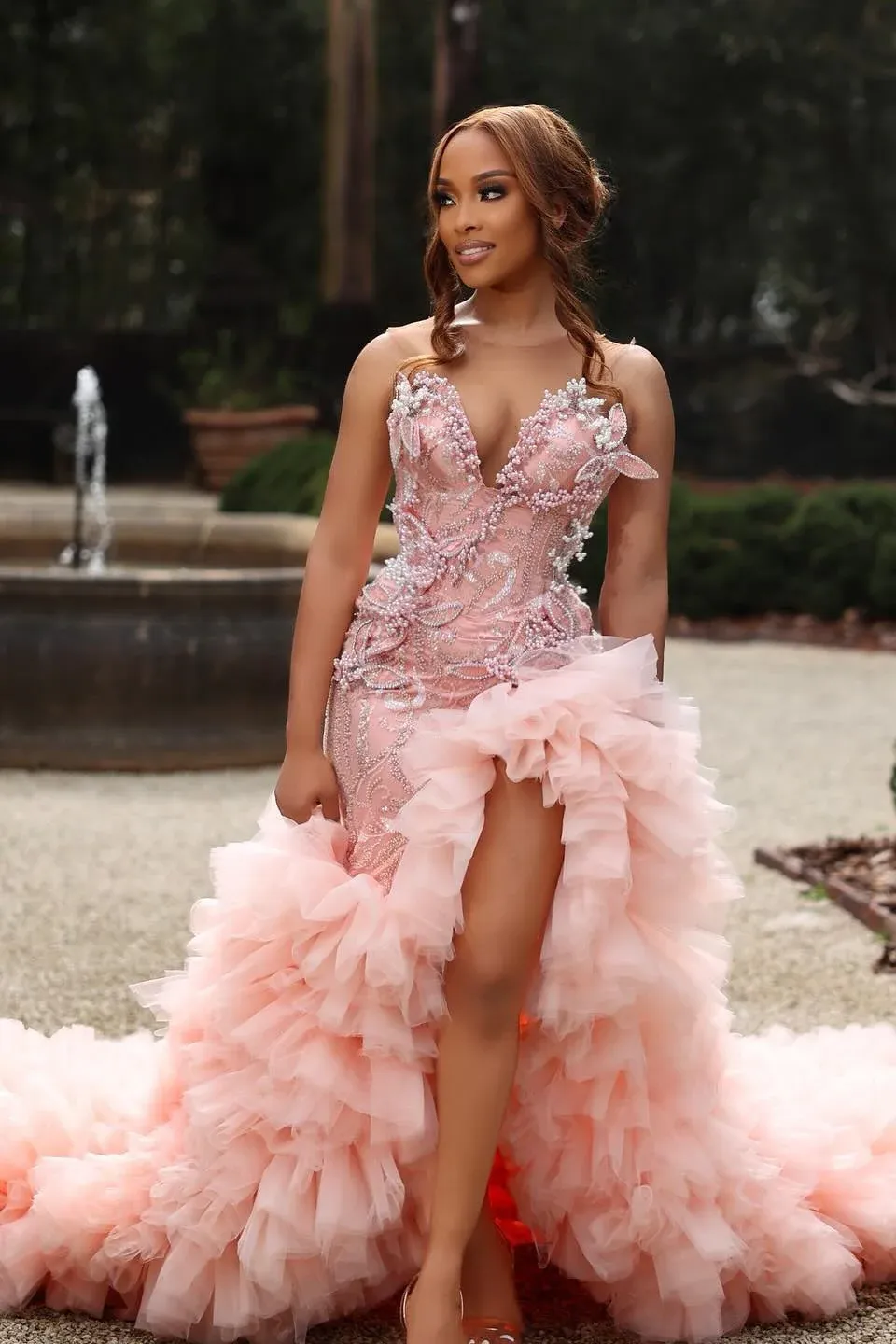 Gorgeous Pink Sweetheart Beadings Sleeveless Mermaid Prom Dress with Ruffles