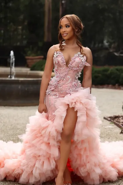 Gorgeous Pink Sweetheart Beadings Sleeveless Mermaid Prom Dress with Ruffles