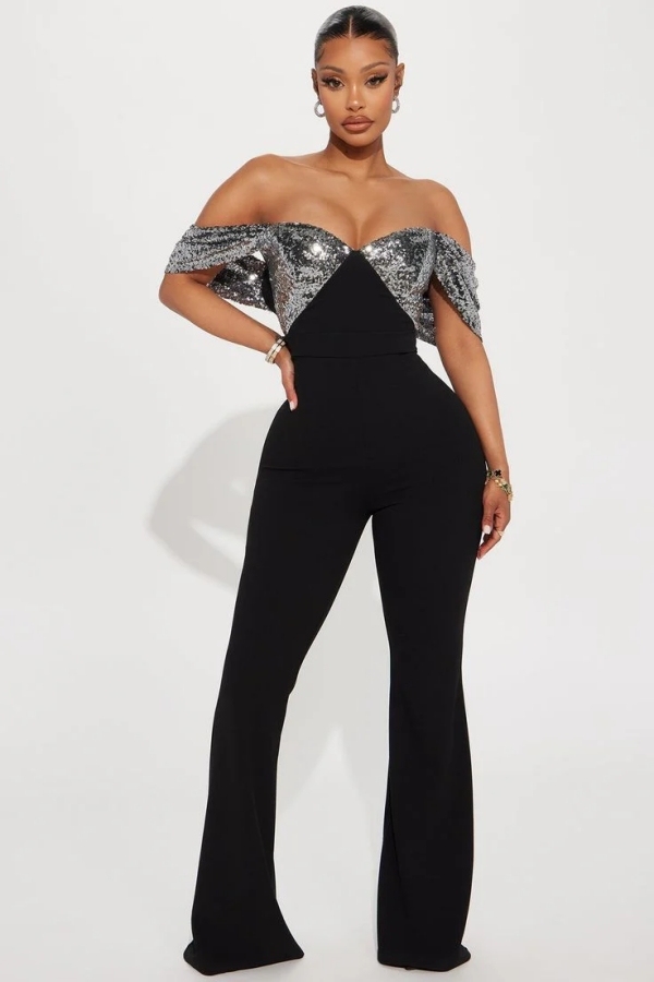 Off Shoulder Sequins Jumpsuit Black Party Wear Jumpsuits