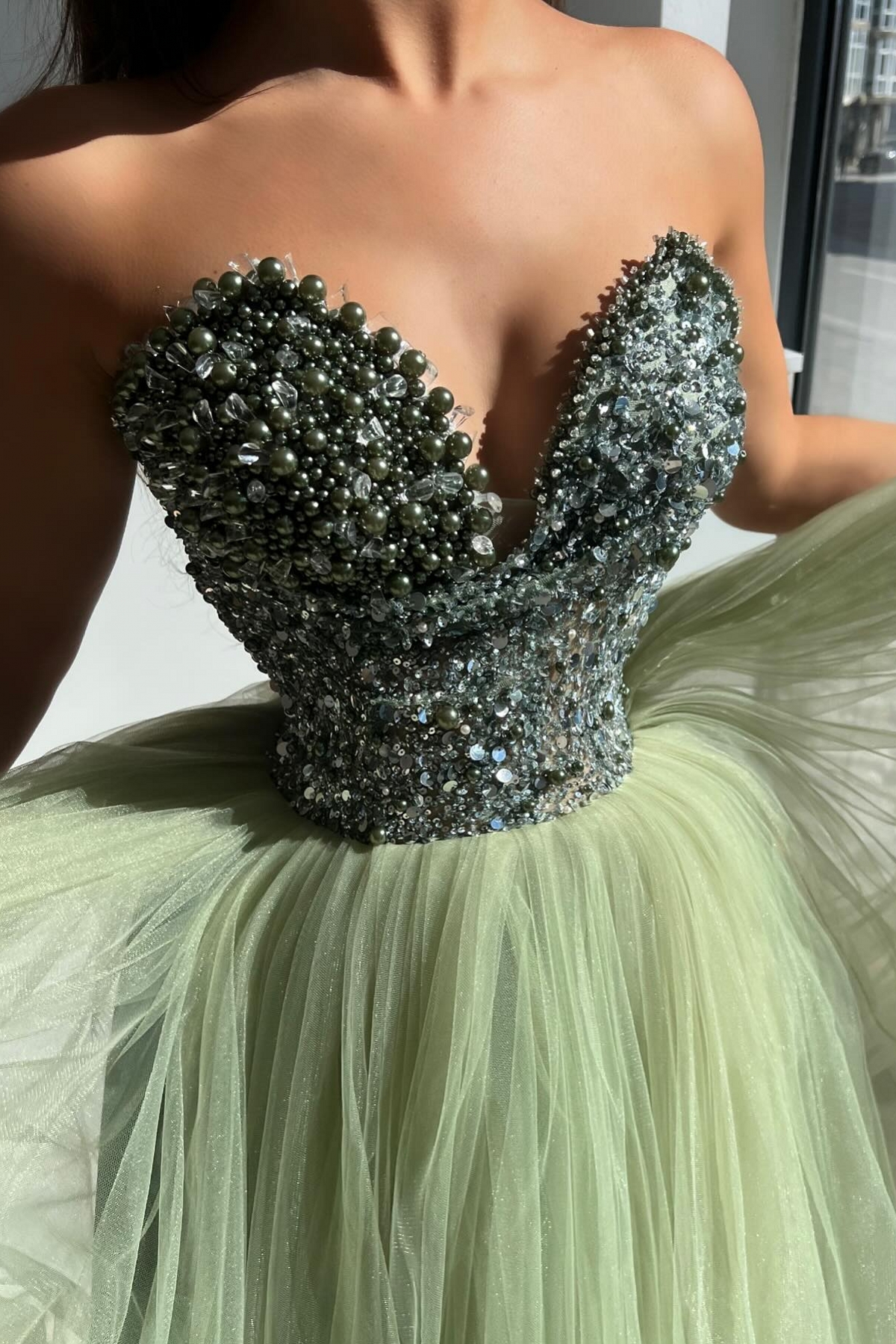 Sweetheart Strapless Tulle Beading A-Line Prom Dresses