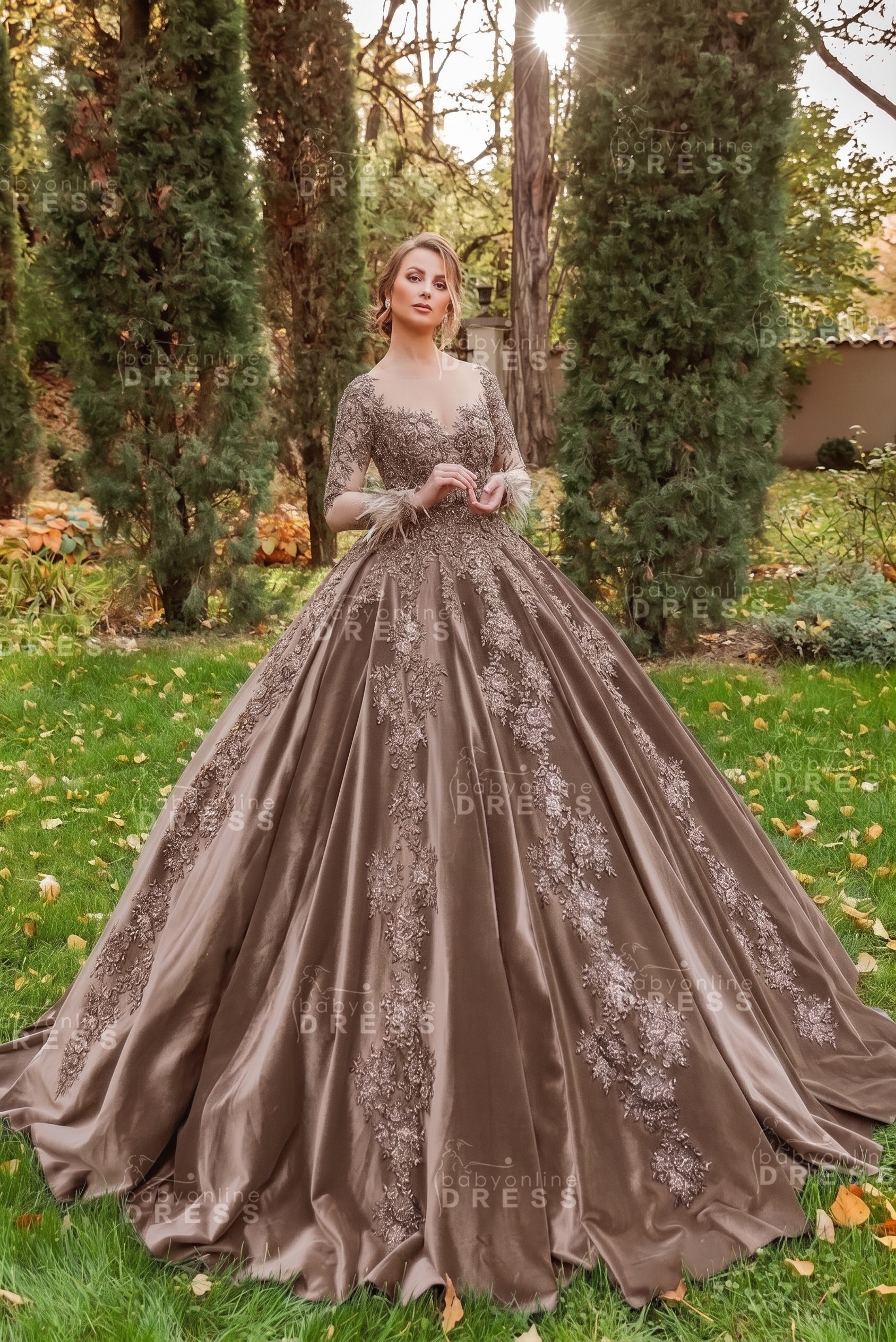 Gorgeous Long Sleeves Velvet Ball Gown with 3D Floral Appliques