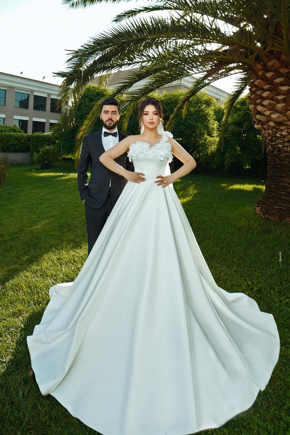 Unique One Shoulder Satin Appliques Lace A-Line Wedding Dresses