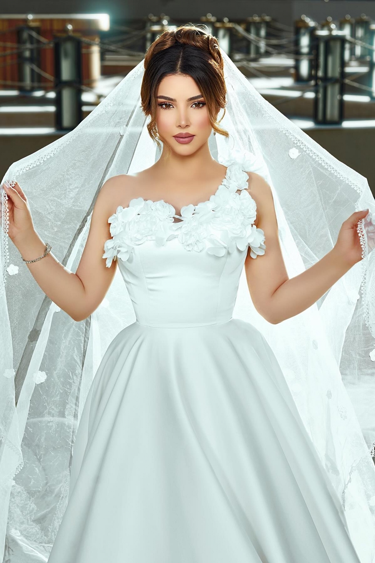 Unique One Shoulder Satin Appliques Lace A-Line Wedding Dresses