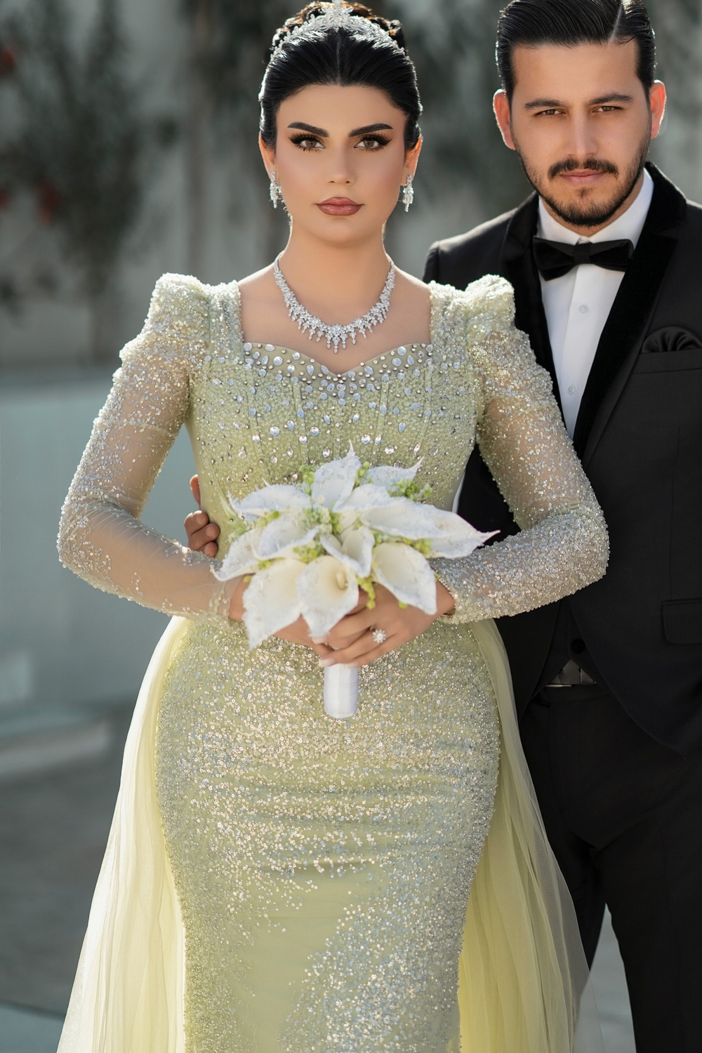 Unique Square Neck Tulle Sequins Mermaid Wedding Dresses Long Sleeves with Sweep Train