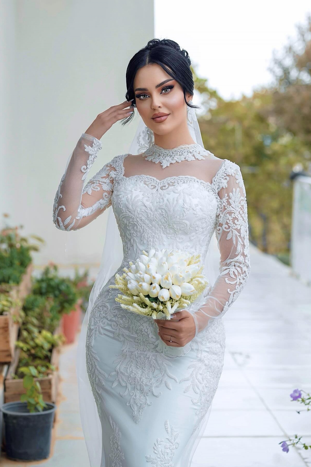 Unique Sweetheart Tulle Appliques Lace Mermaid Wedding Dresses Long Sleeve