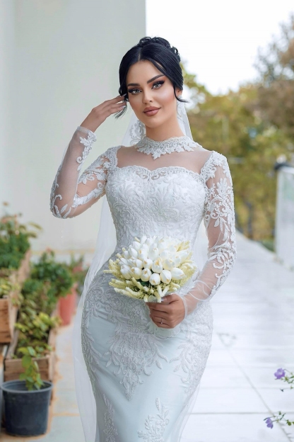 Unique Sweetheart Tulle Appliques Lace Mermaid Wedding Dresses Long Sleeve