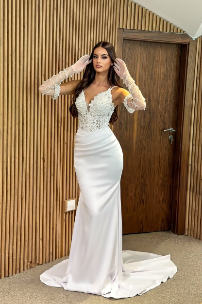 V-Neck White Sweetheart Glitter Ruched Satin Long Mermaid Wedding Dress with Pearls