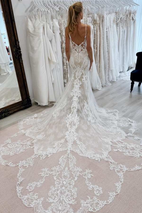  V-neck Lace Court Train White Elegant Wedding Dresses