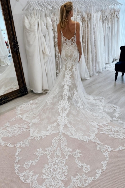  V-neck Lace Court Train White Elegant Wedding Dresses