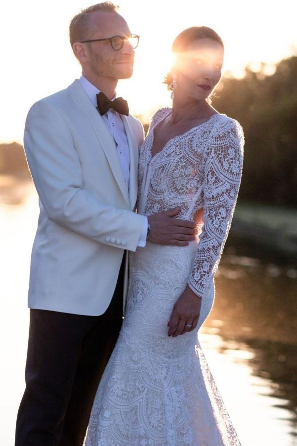 V-neck long sleeves Lace Mermaid White Court Train Wedding Dresses