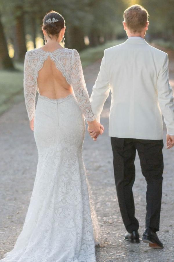 V-neck long sleeves Lace Mermaid White Court Train Wedding Dresses
