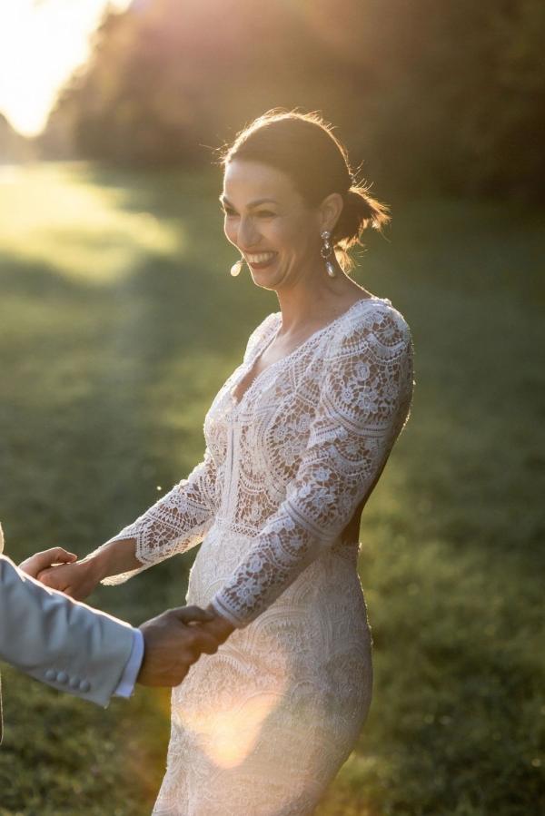 V-neck long sleeves Lace Mermaid White Court Train Wedding Dresses