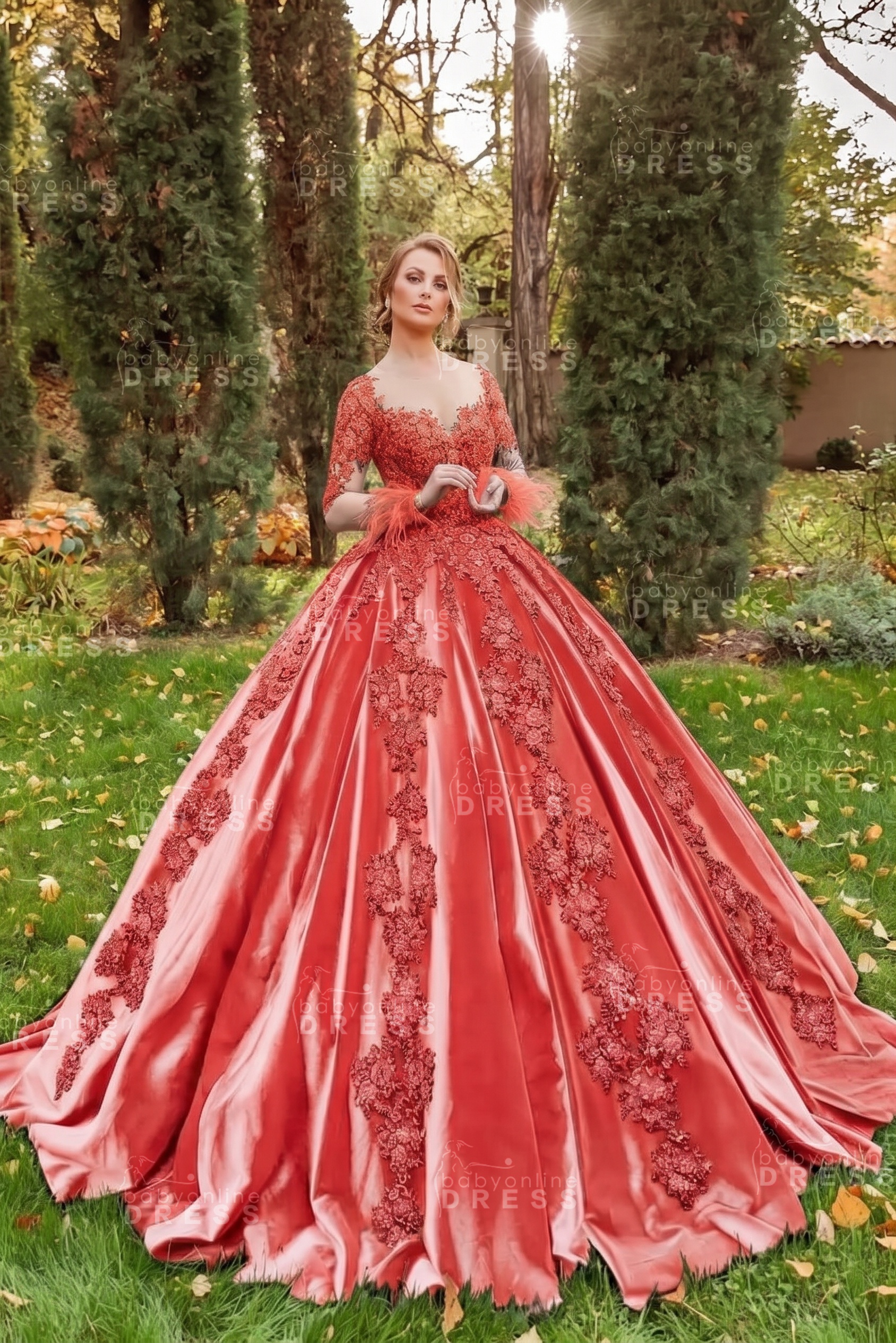 Gorgeous Long Sleeves Velvet Ball Gown with 3D Floral Appliques
