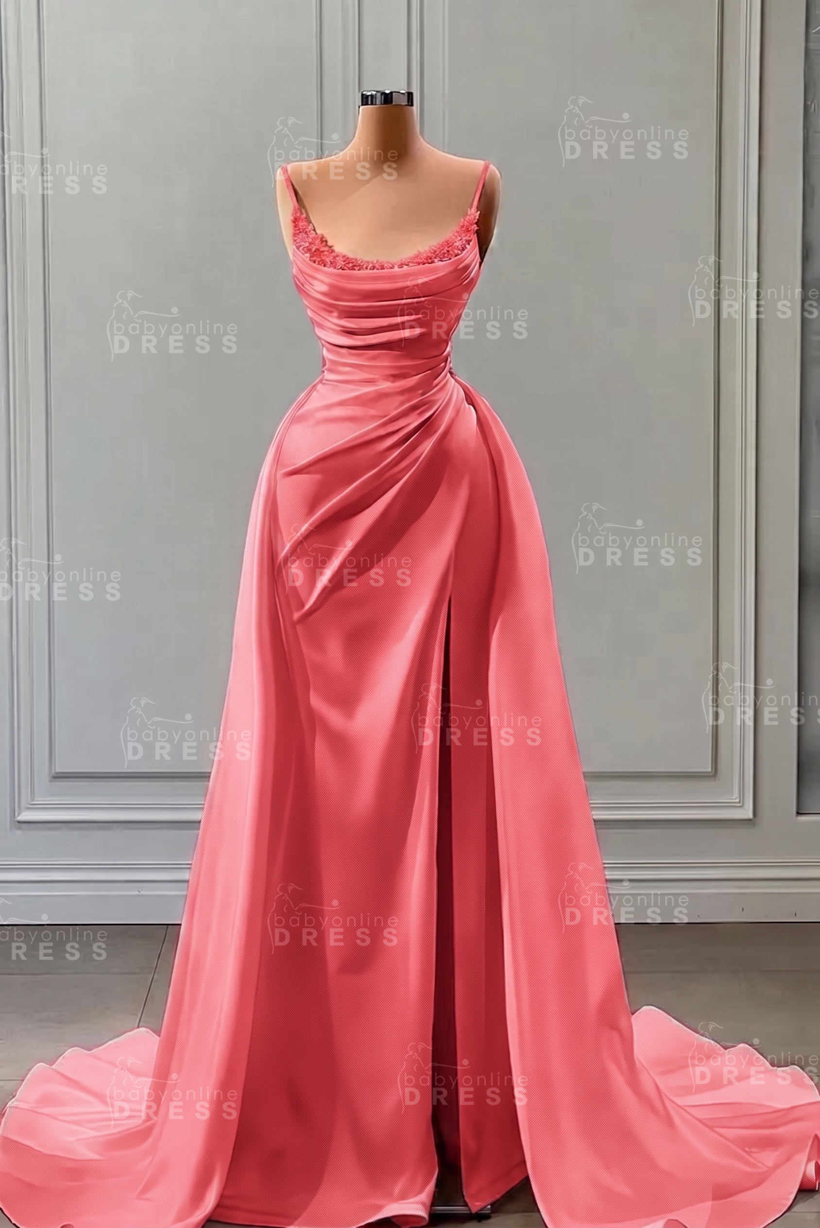 White Spaghetti Straps Satin Mermaid Prom Dress with High Split