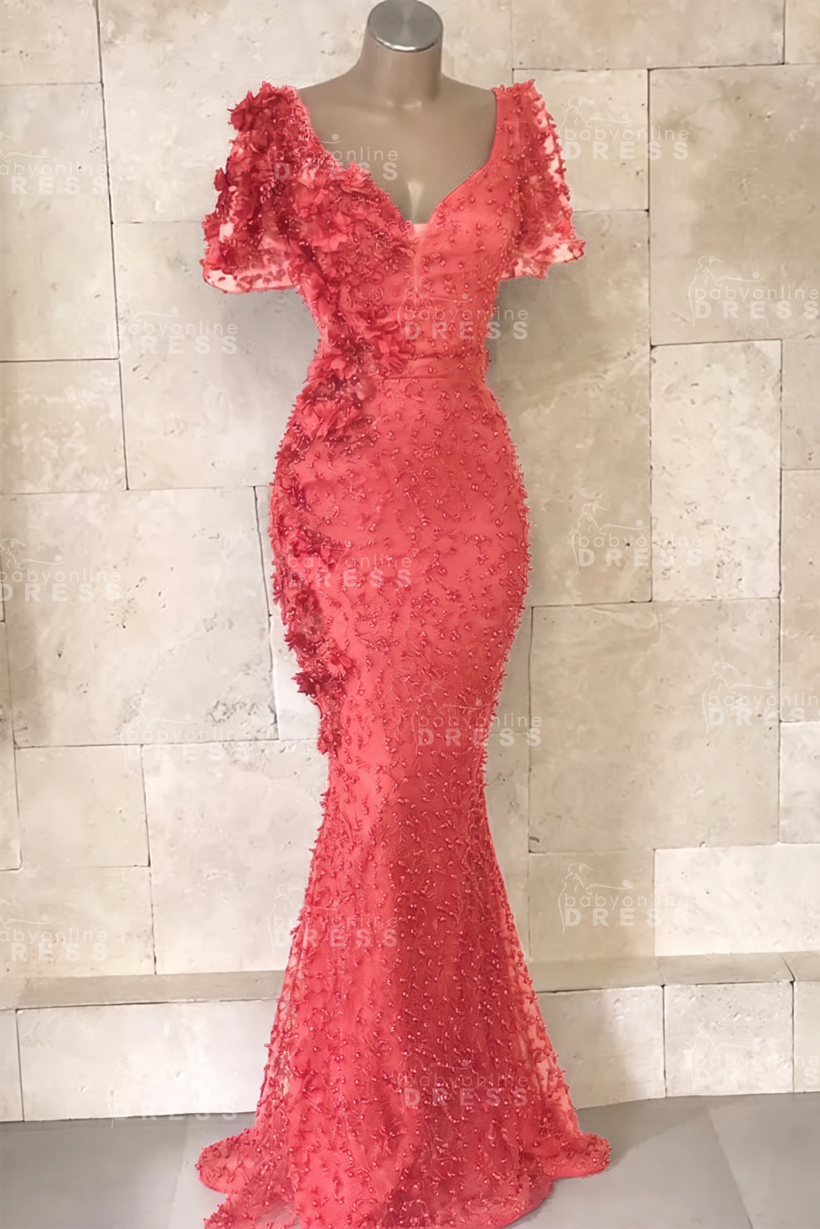 Glamorous V-Neck Short Sleeves Beading Flower Mermaid Floor-Length Prom Dresses