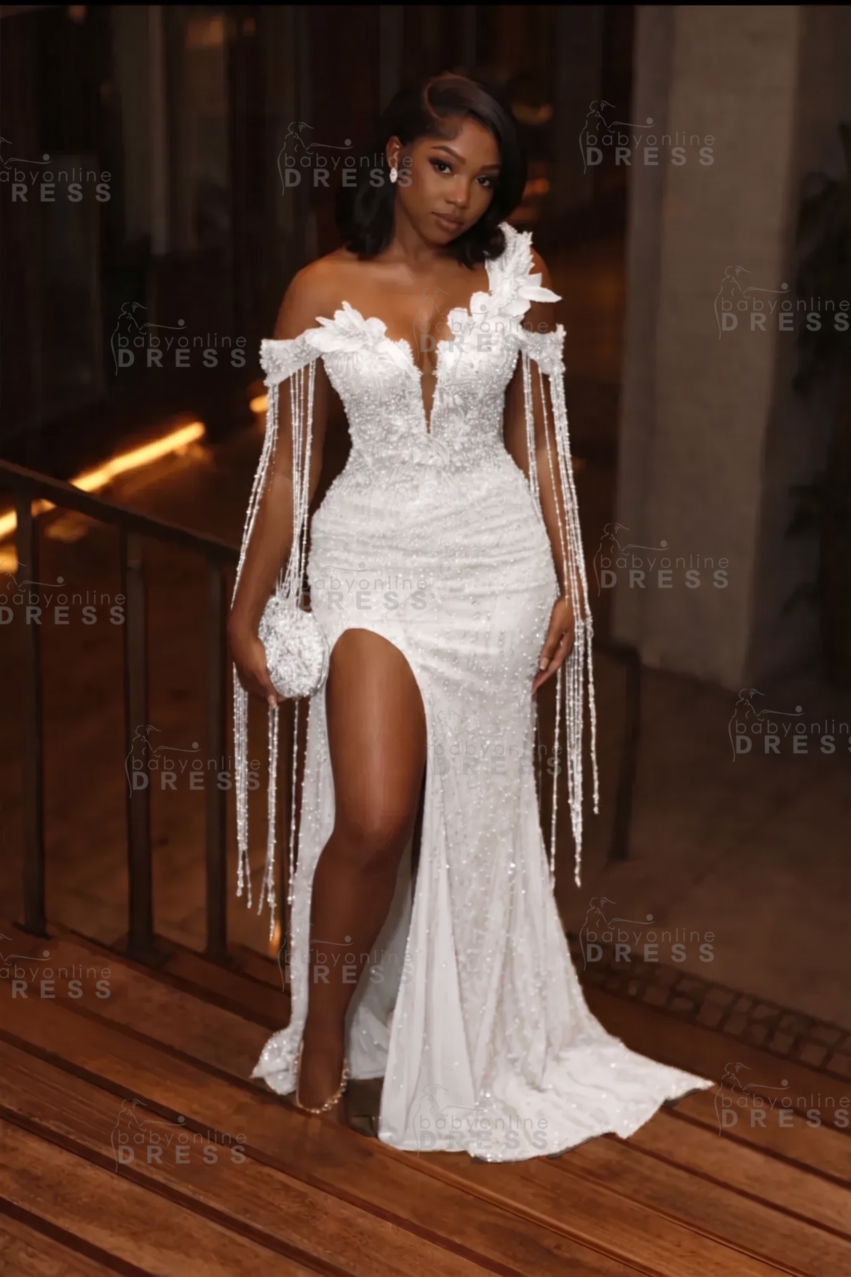 Stunning Asymmetric  Sequins Prom DressMermaid Gold Evening Gown with Tassels