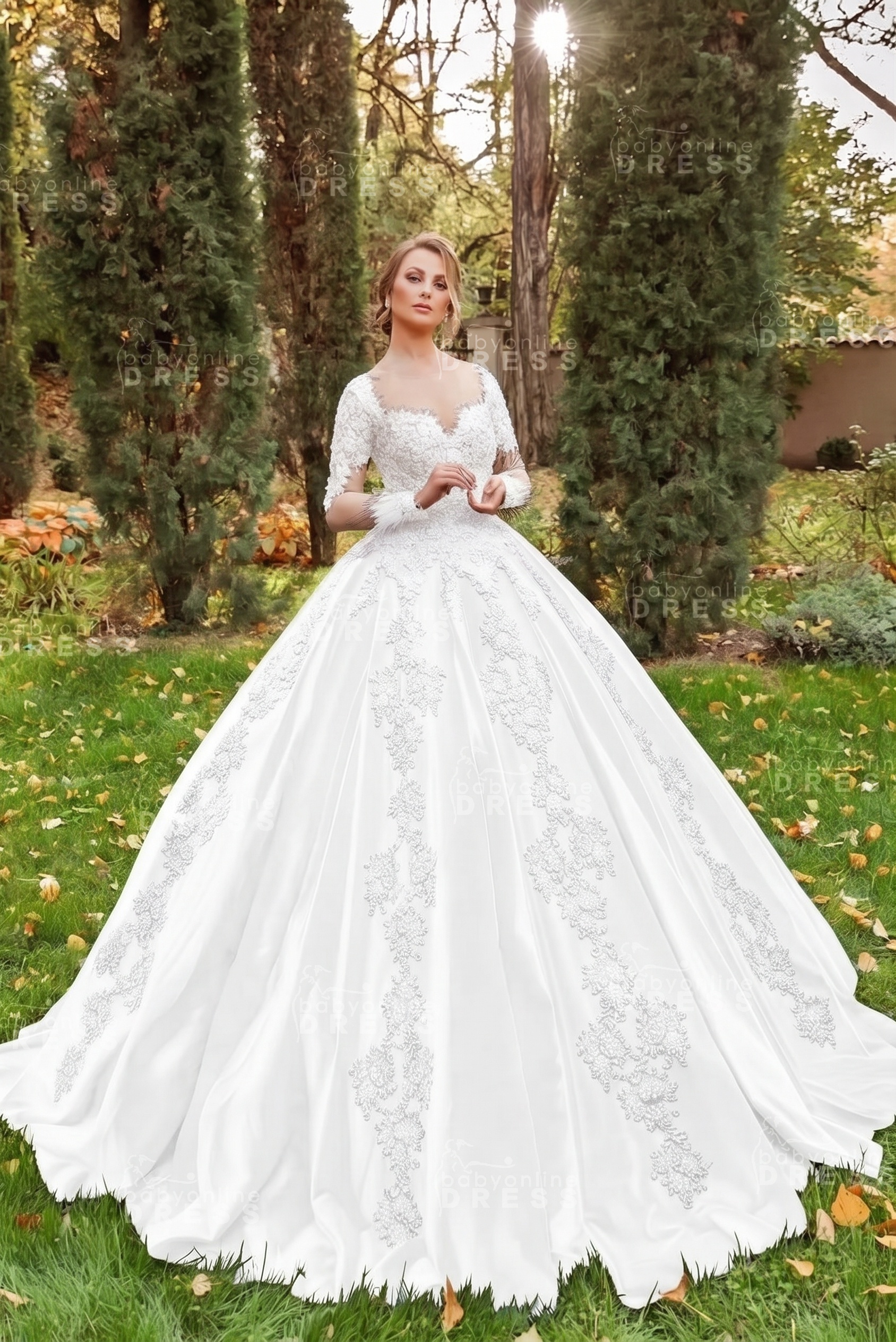 Gorgeous Long Sleeves Velvet Ball Gown with 3D Floral Appliques