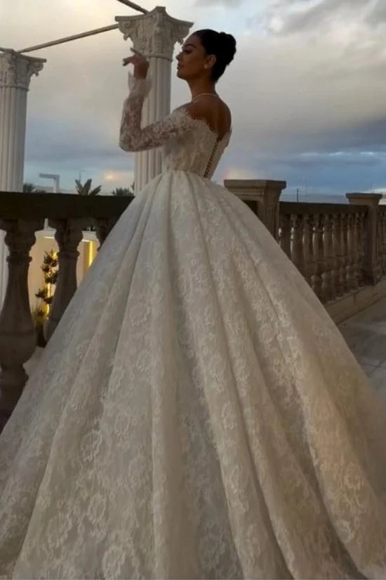 Long Sleeves Off-the-Shoulder Wedding Dress with Lace