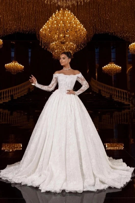 Long Sleeves Off-the-Shoulder Wedding Dress with Lace