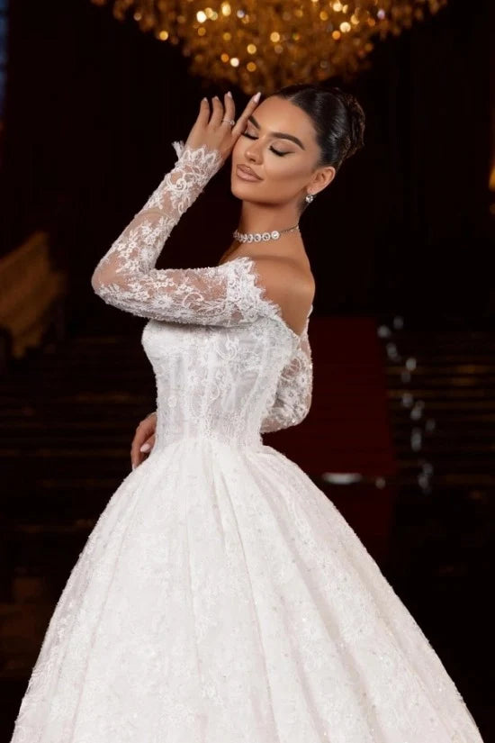 Long Sleeves Off-the-Shoulder Wedding Dress with Lace