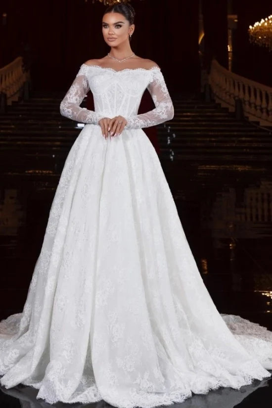 Long Sleeves Off-the-Shoulder Wedding Dress with Lace