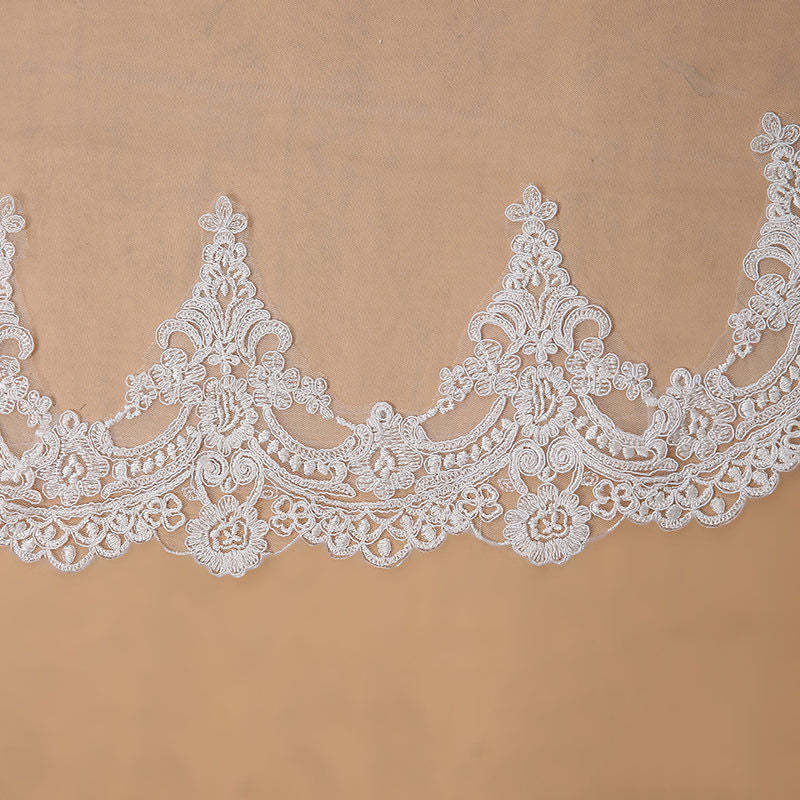 Ethereal White Long Bridal Veil with Handcrafted Lace Details-Babyonlinewholesale