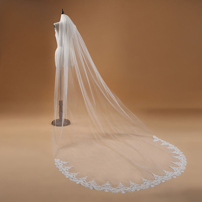 Ethereal White Long Bridal Veil with Handcrafted Lace Details-Babyonlinewholesale