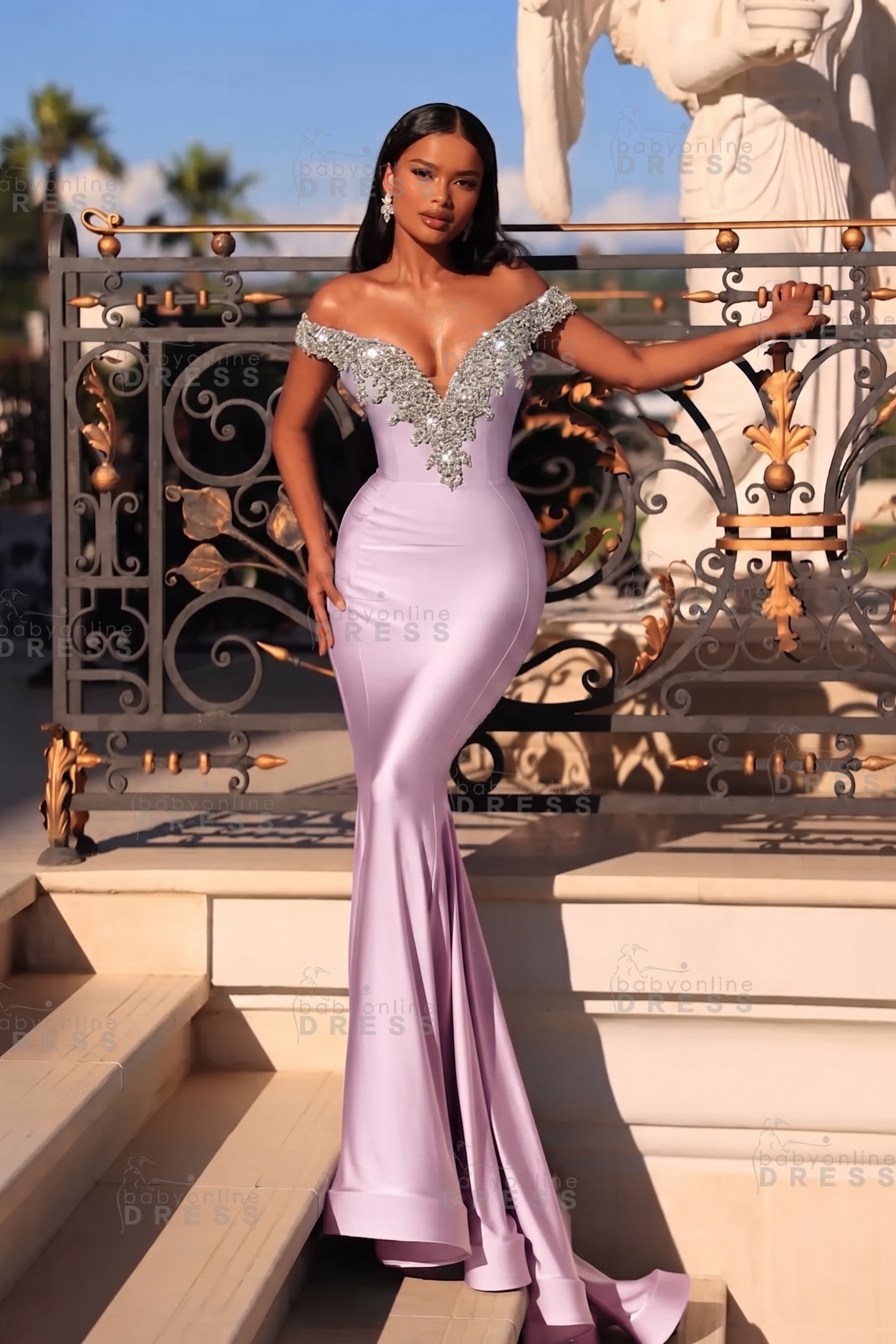 Dusty Blue Off the shoulder Satin Long Prom Dresses