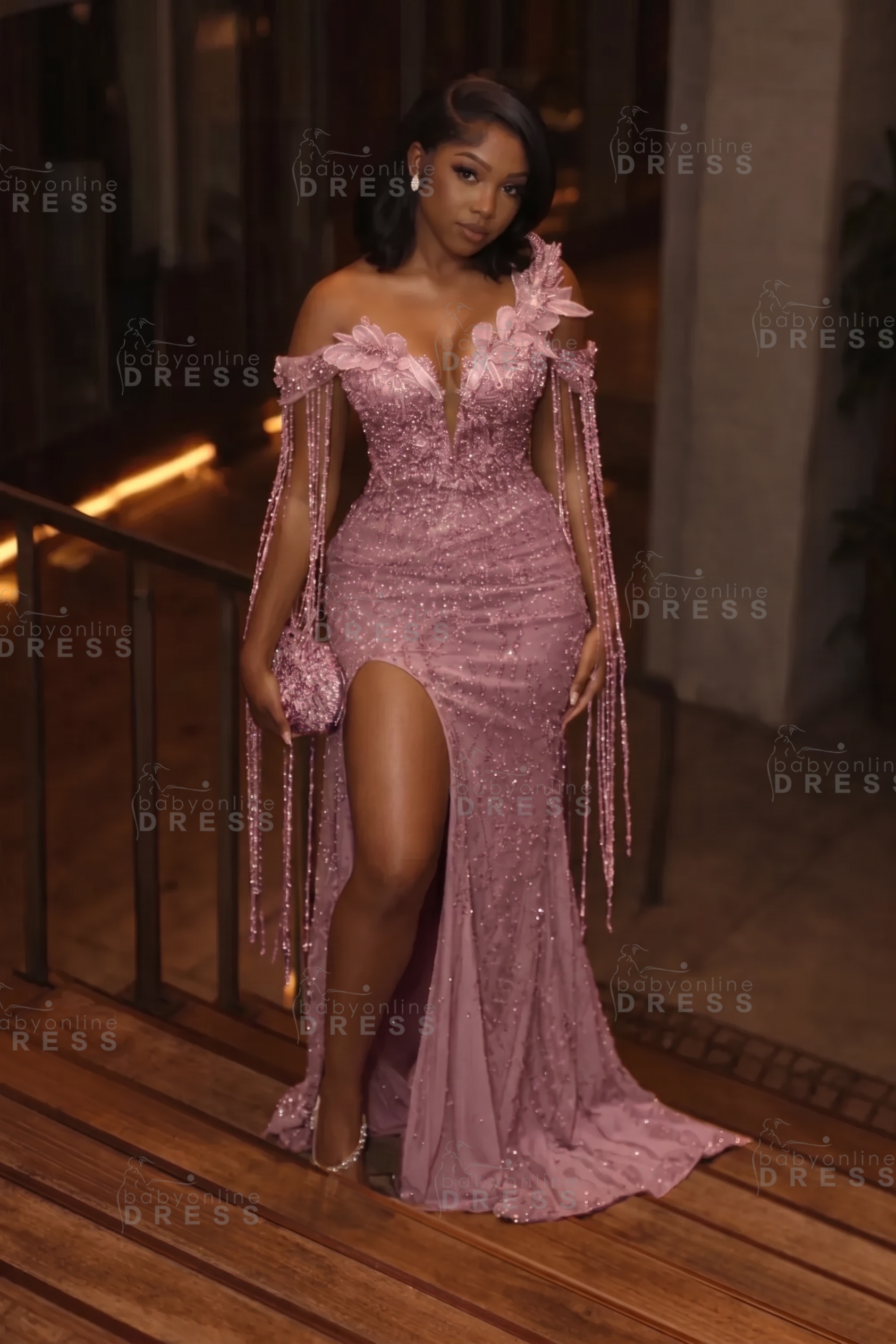 Stunning Asymmetric  Sequins Prom DressMermaid Gold Evening Gown with Tassels