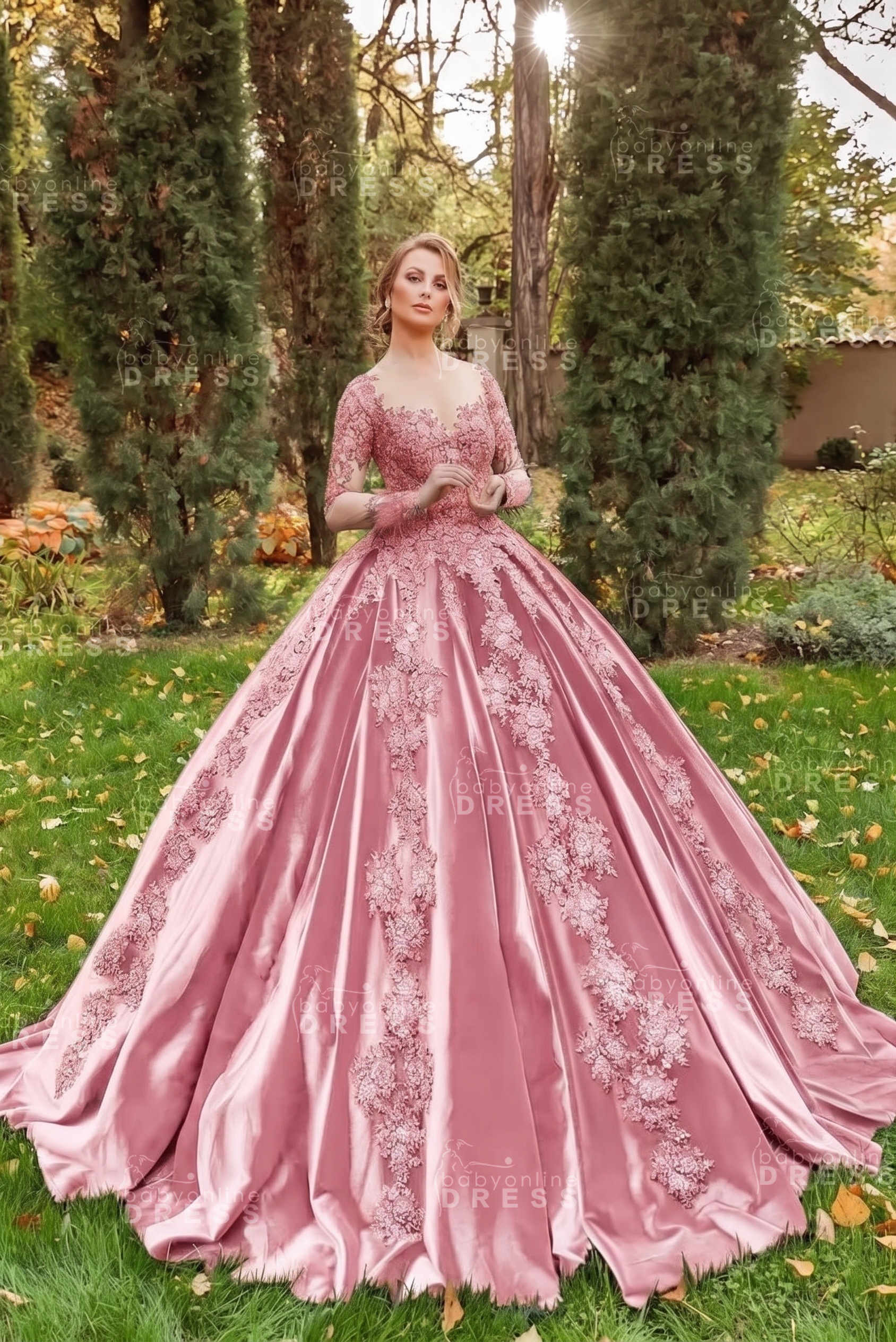 Gorgeous Long Sleeves Velvet Ball Gown with 3D Floral Appliques