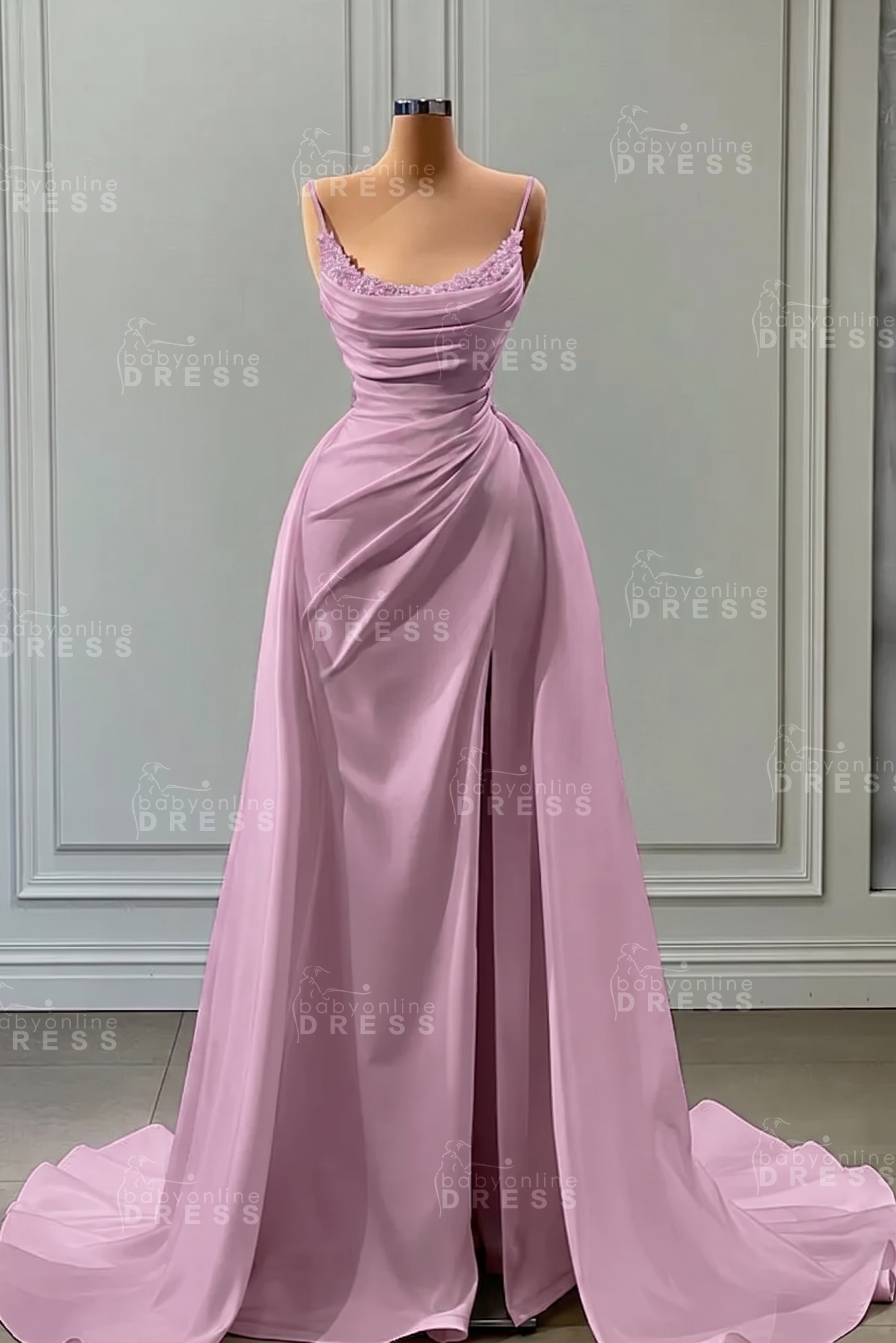 White Spaghetti Straps Satin Mermaid Prom Dress with High Split