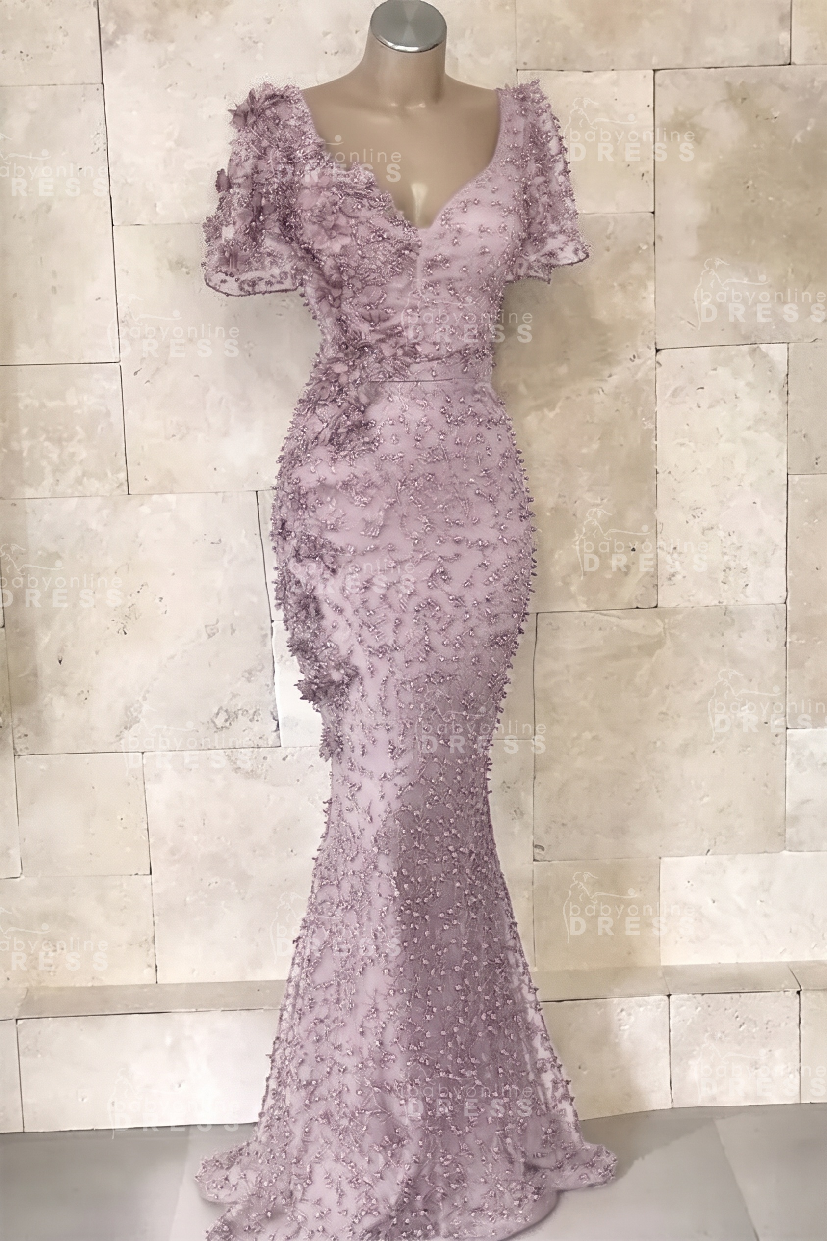 Glamorous V-Neck Short Sleeves Beading Flower Mermaid Floor-Length Prom Dresses