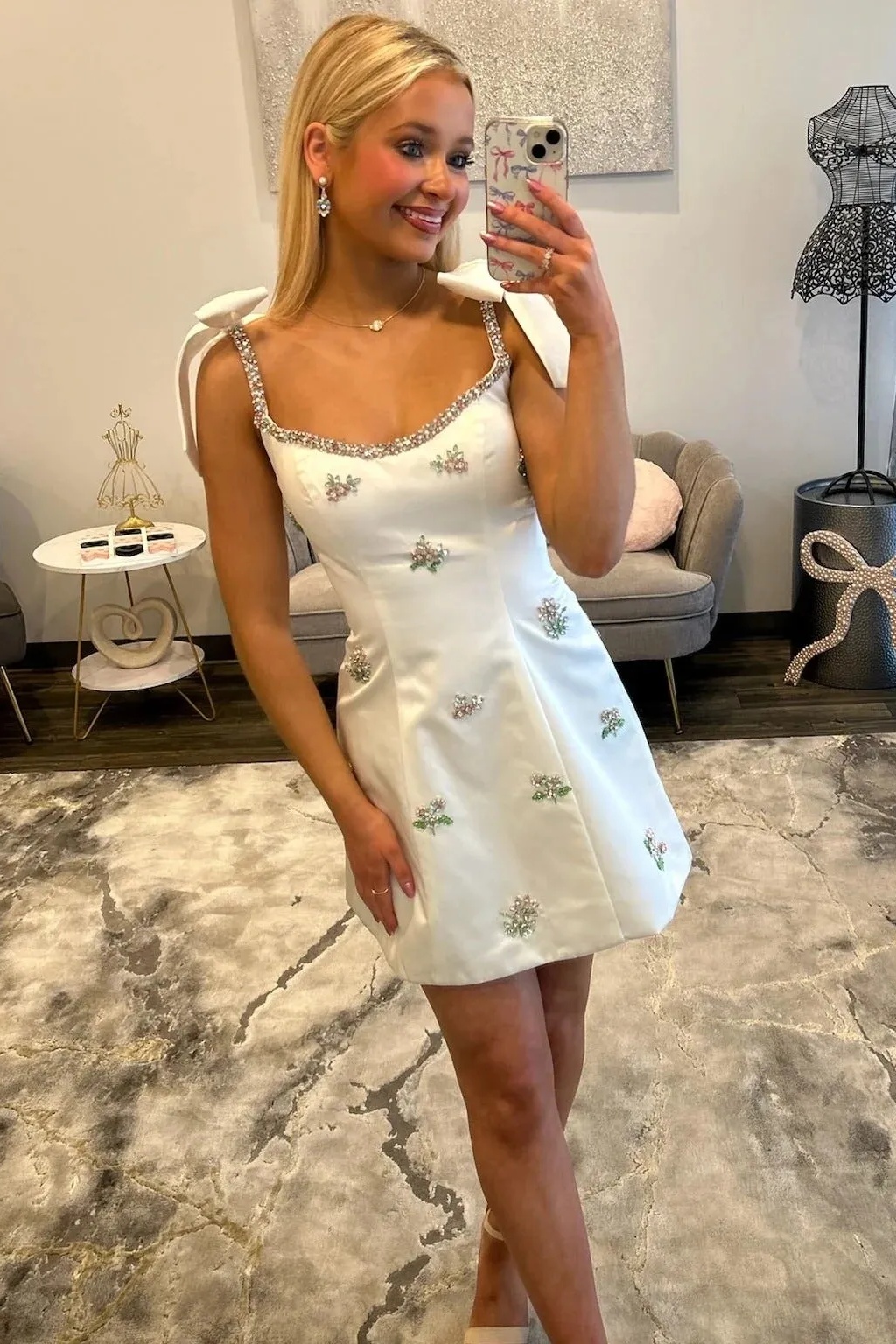 White Straps Satin Beaded A-Line Short Homecoming Dress with Bows