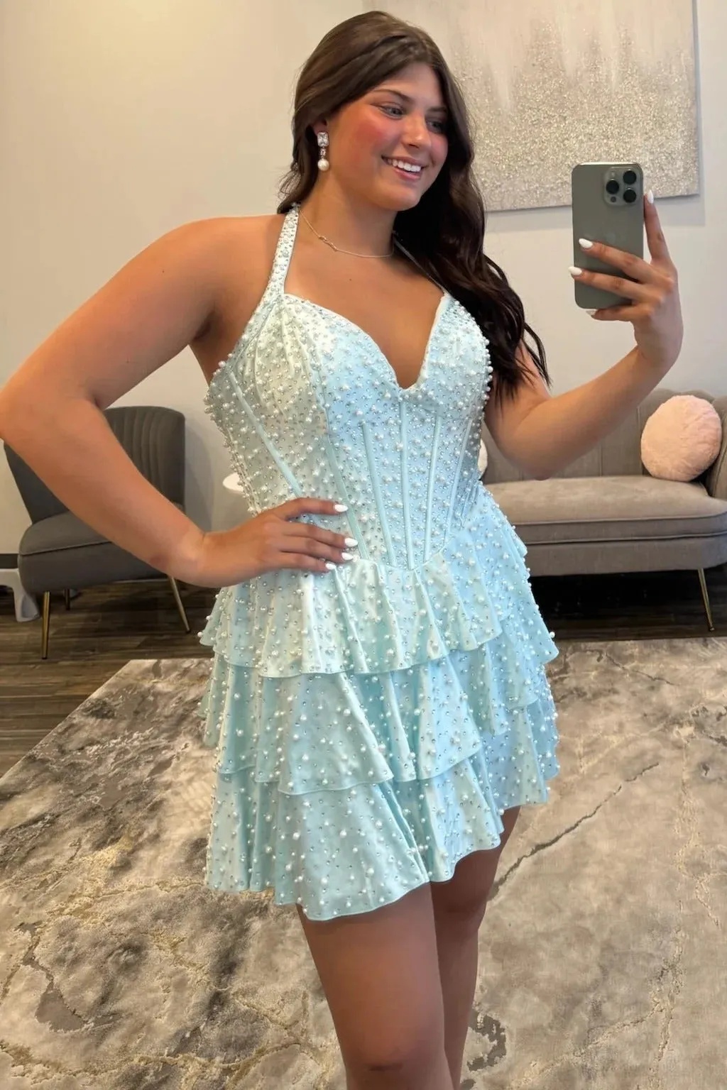 Lilac Halter Beaded Satin Ruffles A-Line Short Homecoming Dress