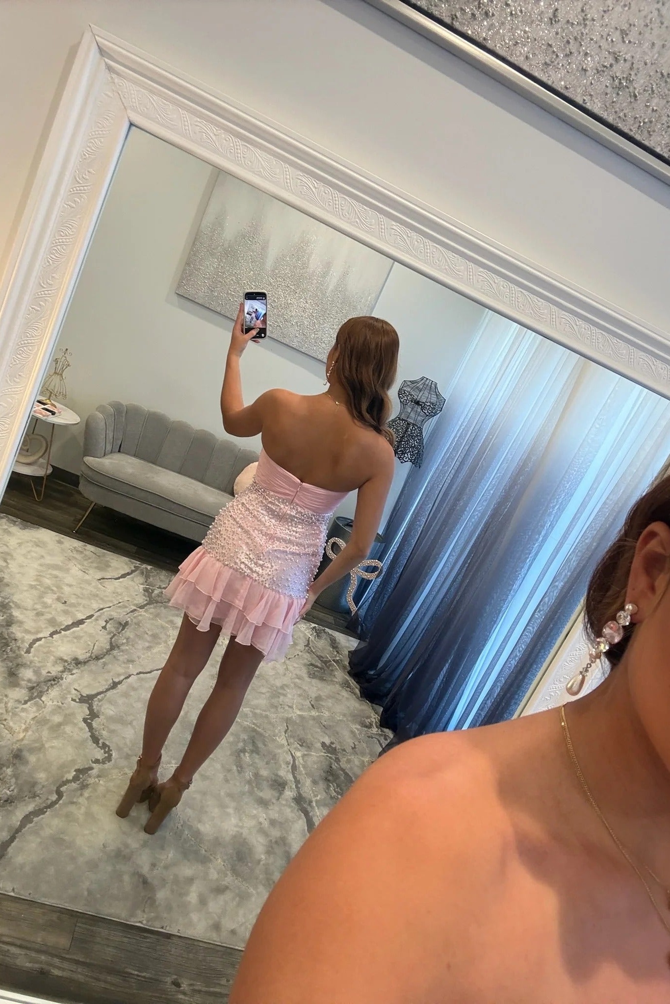 Pink Strapless Satin Beaded Tight Homecoming Dress with Bows