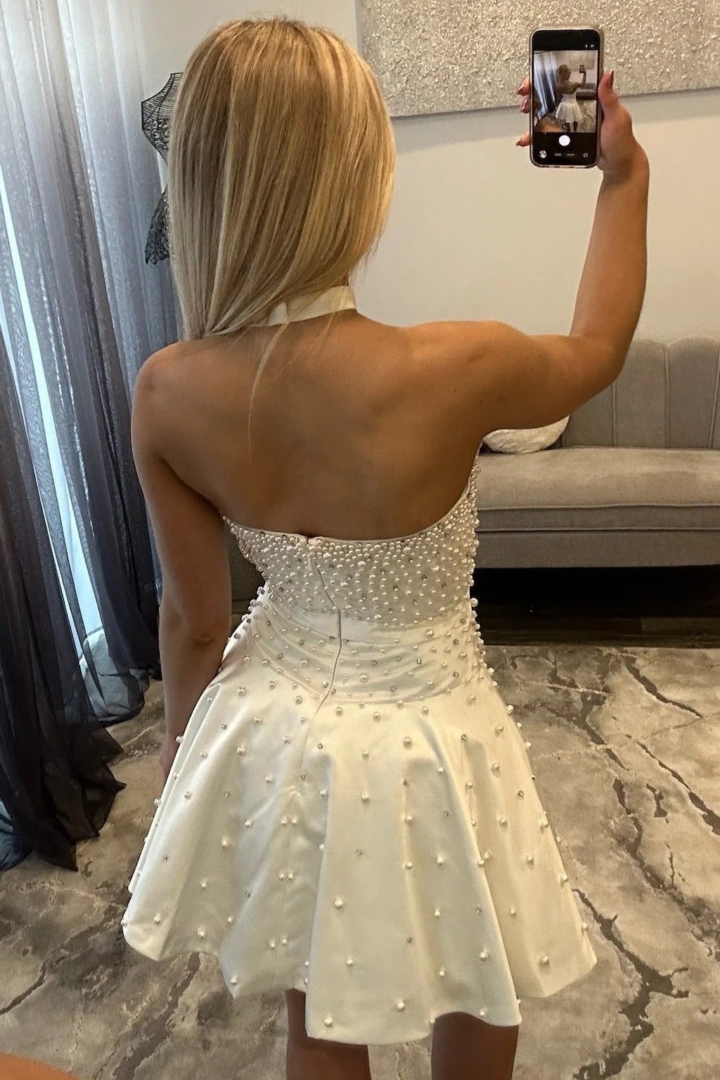 Blue Strapless Beaded Satin Short A-line Homecoming Dress with Bow
