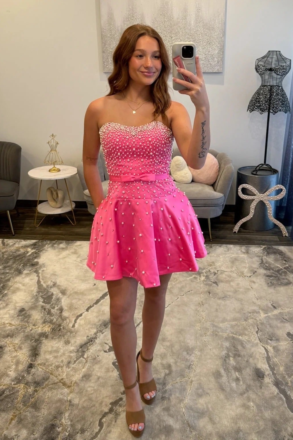 Blue Strapless Beaded Satin Short A-line Homecoming Dress with Bow