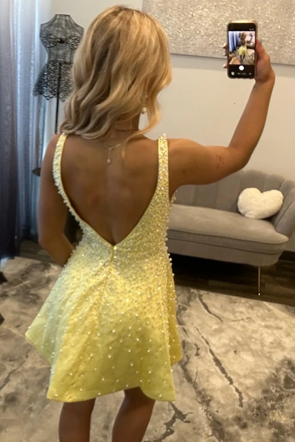 Yellow V-Neck Straps Satin Beaded A-Line Short Homecoming Dress