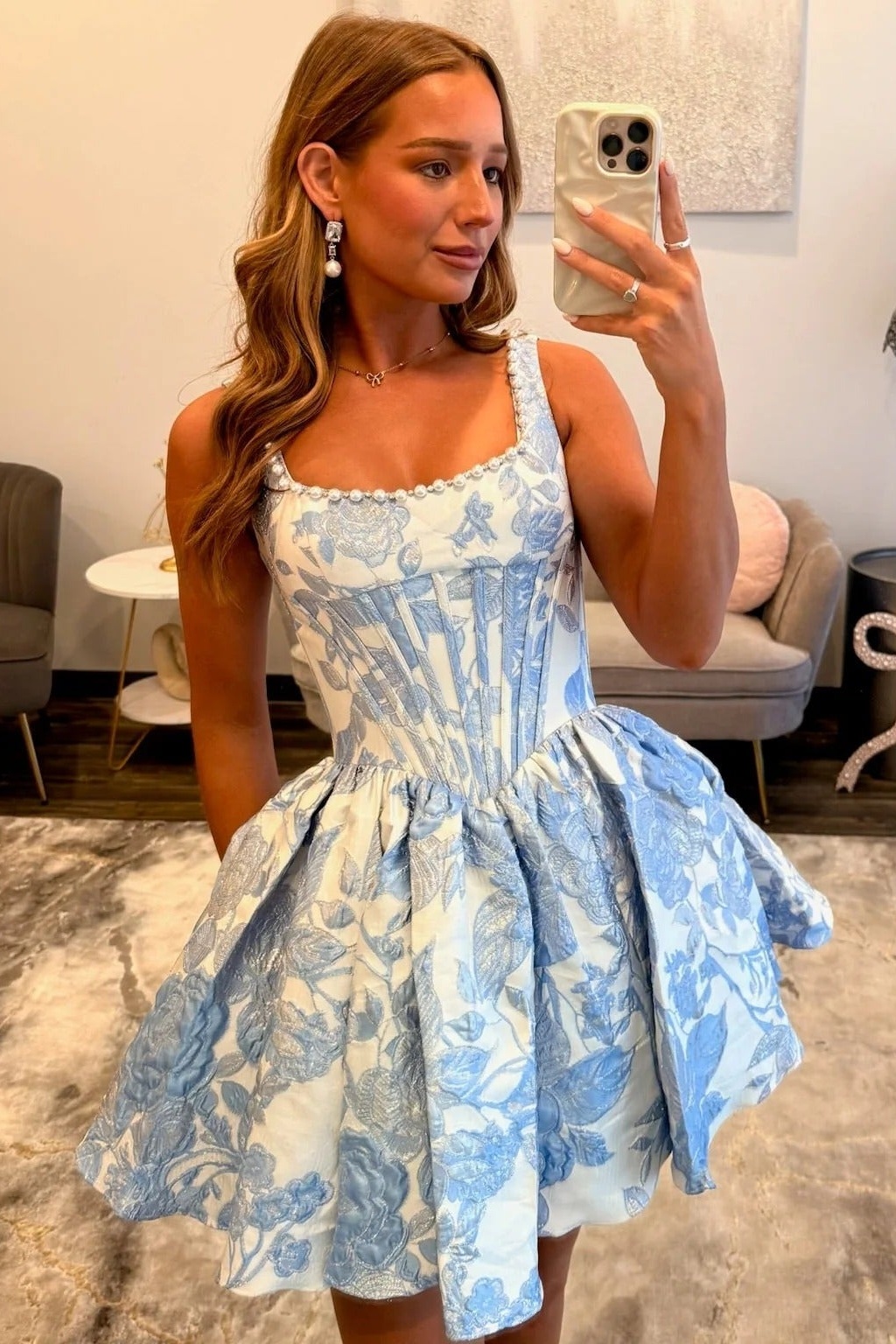 Straps Sky Blue Floral Beaded A-Line Short Homecoming Dress