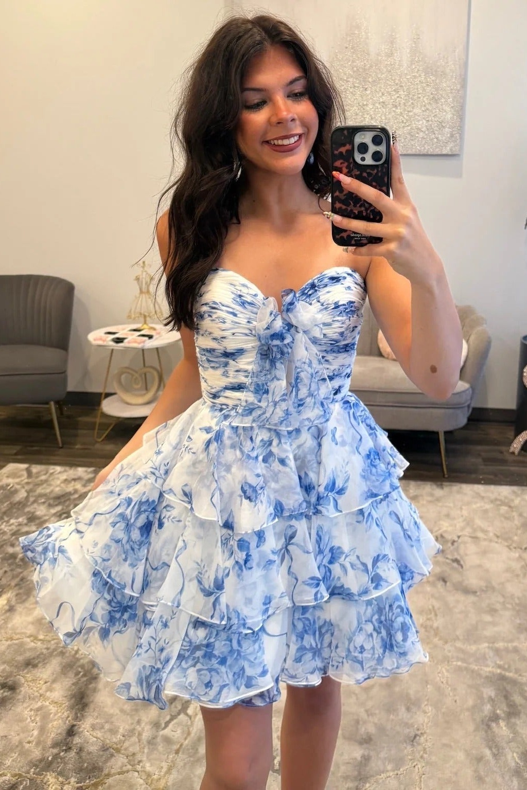 Blue Strapless Ruffles Chiffon A-Line Short Homecoming Dress
